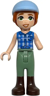 Friends Autumn - Blue Tied Flannel Vest, Sand Green Trousers, Dark Brown Boots, Bright Light Blue Horse Riding Helmet
