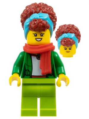 Woman - Green Jacket, Lime Legs, Medium Azure Head Wrap, Dark Red Hair, Red Scarf