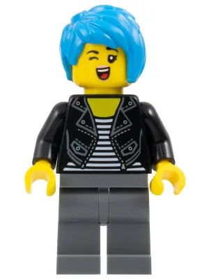 Photographer - Female, Black Leather Jacket over Shirt with White Stripes, Dark Bluish Gray Legs, Dark Azure Tousled Hair
