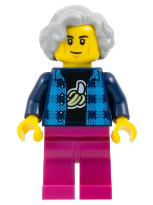 Man - Dark Azure and Dark Blue Flannel Shirt over Black Banana T-Shirt, Magenta Legs, Light Bluish Gray Wavy Hair