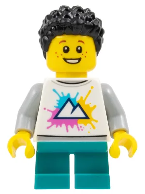Child - Boy, White Shirt with Mountains Logo, Dark Turquoise Short Legs, Black Short Coiled Hair, Freckles