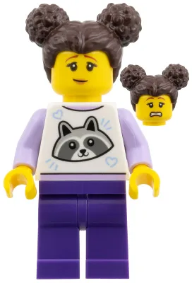 Woman - Dark Brown Buns, Raccoon Shirt, Dark Purple Legs