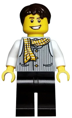Striped Vest with Yellow Striped Scarf, Black Legs, Dark Brown Tousled Hair