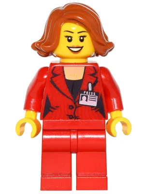 Press Woman / Reporter - Red Legs, Dark Orange Female Hair Short Swept Sideways, Dark Orange Lips, Open Mouth Smile