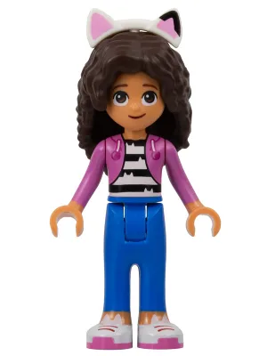 Gabby - Dark Pink Jacket over Black and White Striped Shirt, Blue Trousers