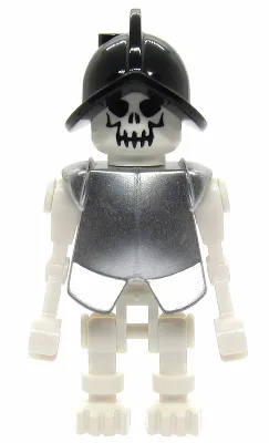 Skelet, torso uit het fantasietijdperk met een boze schedel, zwarte conquistadorhelm, metallic zilveren harnas
