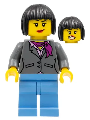 Dark Bluish Gray Jacket with Magenta Scarf, Medium Blue Legs, Black Bob Cut Hair