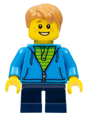 Boy, Dark Azure Hoodie with Green Striped Shirt, Dark Blue Short Legs, Freckles, Medium Nougat Hair