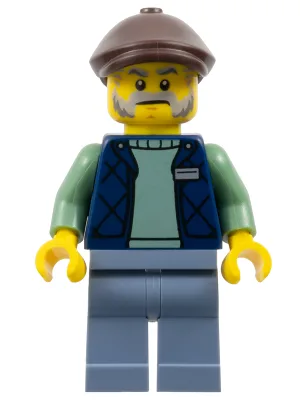 Corner Kiosk Vendor - Male, Dark Blue Bodywarmer over Sand Green Sweater, Sand Blue Legs, Dark Brown Flat Cap