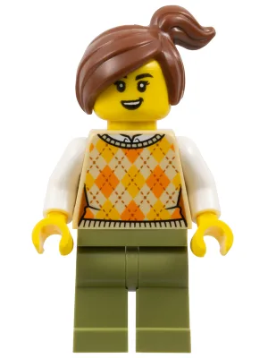 Corner Kiosk Customer - Female, Tan Knit Argyle Sweater Vest, Olive Green Legs, Reddish Brown Side Ponytail