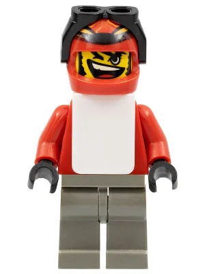 Snowboarder, rotes Hemd, dunkelgraue Beine, weiße Weste