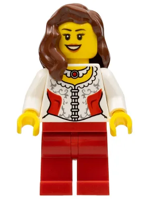 White Lace Blouse with Red Side Panels and Ruby Necklace, Red Legs, Reddish Brown Female Hair over Shoulder, Black Eyebrows
