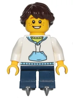 Child - Girl, White Hoodie with Medium Blue Pocket, Dark Blue Short Legs, Dark Brown Braided Ponytail Hair, Ice Skates, Freckles