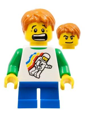 Classic Space Minifigure Floating Pattern, Blue Short Legs, Dark Orange Short Tousled Hair