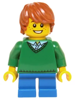 Child - Boy, Green V-Neck Sweater, Blue Short Legs, Dark Orange Tousled Hair, Freckles