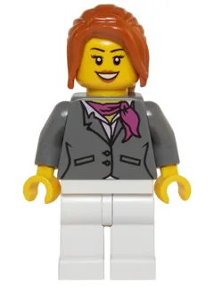 Dark Bluish Gray Jacket with Magenta Scarf, White Legs, Dark Orange Hair Ponytail Long with Side Bangs