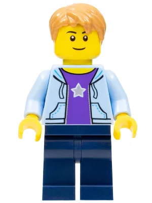 Boy, Bright Light Blue Hoodie with White Star, Dark Blue Legs, Medium Nougat Hair Short Tousled with Side Part