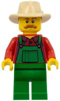 Farmer - Green Overalls over Red Plaid Shirt, Green Legs, Tan Fedora, Moustache