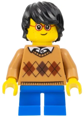 Child - Boy, Medium Nougat Argyle Sweater, Blue Short Legs, Black Tousled Hair, Glasses, Freckles