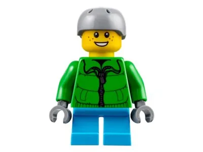 Boy, Winter Jacket Zipper, Dark Azure Short Legs, Light Bluish Gray Sports Helmet
