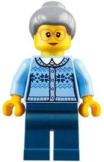 Grandmother - Fair Isle Sweater, Light Bluish Gray Hair with Top Knot Bun, Dark Blue Legs, Glasses