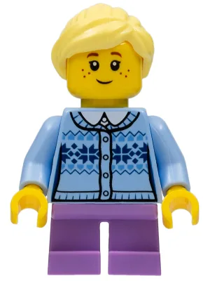 Girl - Fair Isle Sweater, Bright Light Yellow Ponytail, Lavender Legs Short, Freckles