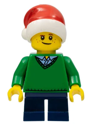 Child - Boy, Green V-Neck Sweater, Dark Blue Short Legs, Santa Hat