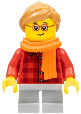 Child - Girl, Red Plaid Flannel Shirt, Light Bluish Gray Short Legs, Medium Nougat Ponytail Hair, Freckles, Glasses, Orange Scarf