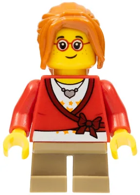Child - Girl, Sweater Cropped with Bow, Heart Necklace, Dark Tan Short Legs, Dark Orange Ponytail Long with Side Bangs, Glasses, Freckles