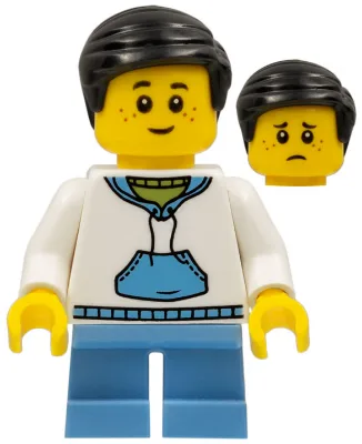 Child - Boy, White Hoodie with Medium Blue Pocket, Medium Blue Short Legs, Black Hair, Freckles