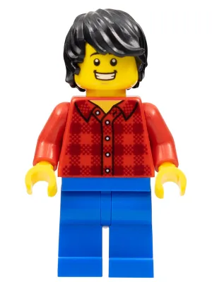 Dragon Boat Race Spectator - Male, Red Plaid Flannel Shirt, Blue Legs, Black Tousled Hair