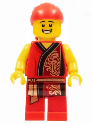 Lion Dance Musician, Red Head Wrap, Smile, Red Robe with Gold Dragon