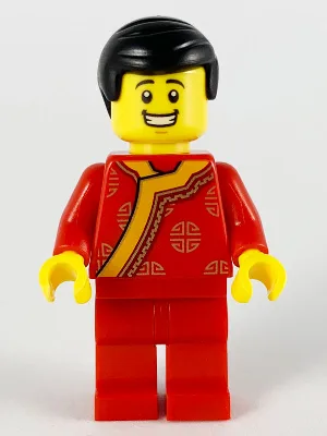 Toy Vendor, Black Hair, Red Changshan with Bright Light Orange Wide Hem, Gold Circles Pattern