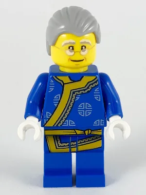 Shadow Puppeteer, Light Bluish Gray Hair, Glasses, Blue Changshan with Yellow Hem and Sash, Silver Circles Pattern