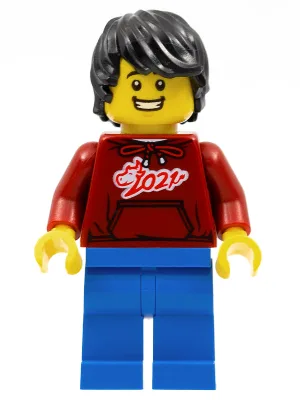 Man, Dark Red '2021' Shirt, Blue Legs, Black Hair