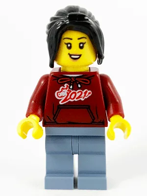 Woman, Dark Red '2021' Shirt, Sand Blue Legs, Long Black Hair