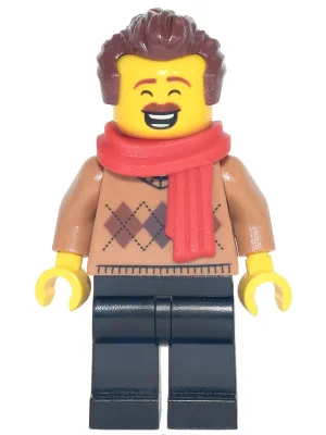 Dad - Medium Nougat Argyle Sweater, Red Scarf, Black Legs, Reddish Brown Hair