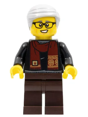 Grandfather, Black Shirt with Dark Red Scarf, Dark Brown Legs, Light Bluish Gray Hair