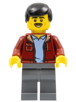 Man, Dark Red Jacket with Bright Light Blue Shirt, Dark Bluish Gray Legs, Black Male Hair, Moustache