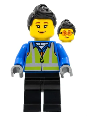 Woman, Black Hair, Blue Coat, Lime Safety Vest, Black Legs