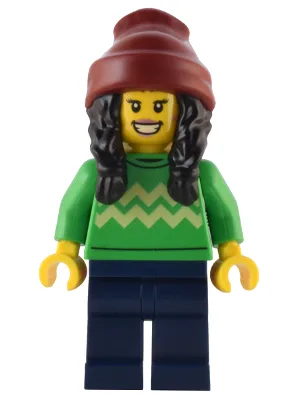 Holiday Shopper - Female, Bright Green Sweater with Bright Light Yellow Zigzag Lines, Dark Blue Legs, Dark Red Beanie with Black Hair