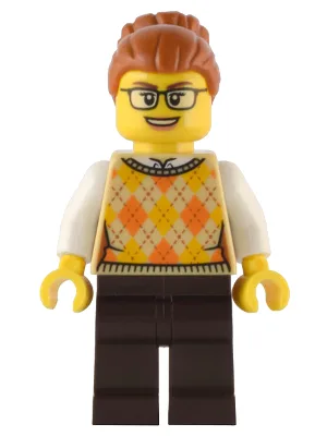 Santa's Toys and Games Store Owner - Female, Tan Knit Argyle Sweater Vest, Dark Brown Legs, Dark Orange Hair with Bun, Glasses