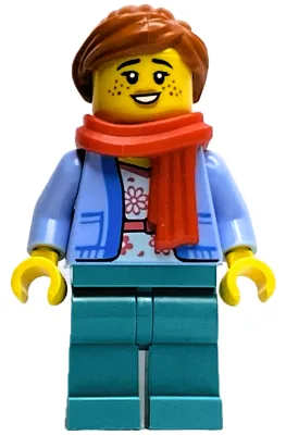 Wintertime Carriage Passenger - Female, Bright Light Blue Jacket over White Shirt with Coral Flowers, Dark Turquoise Legs, Dark Orange Ponytail, Freckles, Red Scarf
