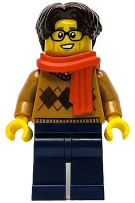 Wintertime Carriage Passenger - Male, Medium Nougat Argyle Sweater, Dark Blue Legs, Dark Brown Hair, Glasses, Red Scarf