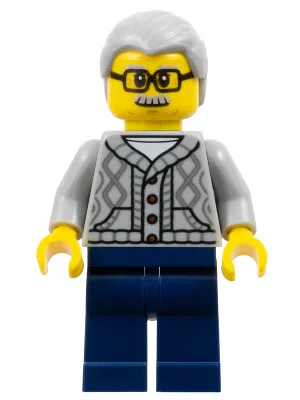 Man - Light Bluish Gray Knit Cable Cardigan Sweater, Dark Blue Legs, Light Bluish Gray Hair, Glasses