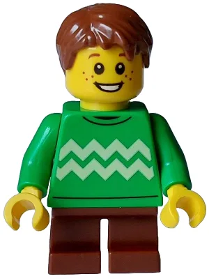 Child - Boy, Bright Green Sweater with Bright Light Yellow Zigzag Lines, Reddish Brown Short Legs and Hair Tousled with Side Part, Freckles