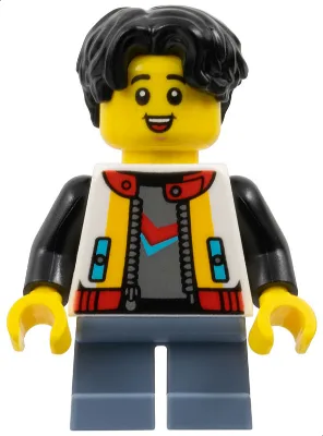 Child - Boy, White Jacket with Black Sleeves, Sand Blue Short Legs, Black Hair