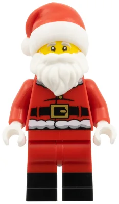 Kerstman - Bontgevoerde jas met 2 zwarte plooien op de rug, rode broekspijpen met zwarte laarzen, kerstmuts met voorgevormde rode bovenkant