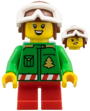 Elf - Groene jas met kerstbomen, roodbruine helm, witte bril