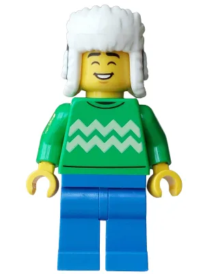 Customer Hot Chocolate Stand - Male, Bright Green Sweater with Bright Light Yellow Zigzag Lines, Blue Legs, Dark Blue Ushanka Hat